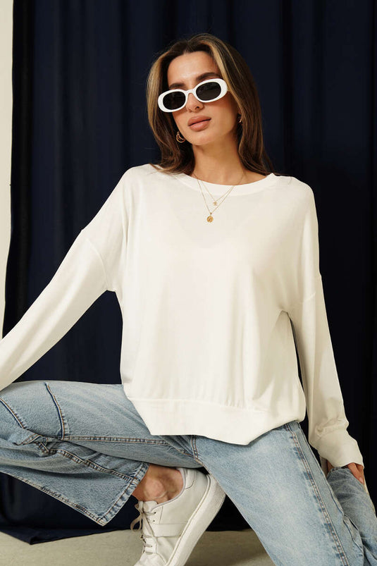 Witte Merino Wol Trui Met Ronde Hals