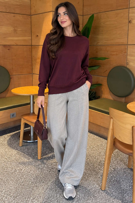 Lila Merino Wollpullover Mit Rundhalsausschnitt