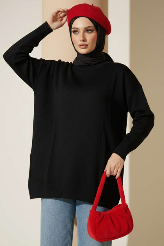 سترة سوداء برقبة دائرية من قماش ميرسيريزيه