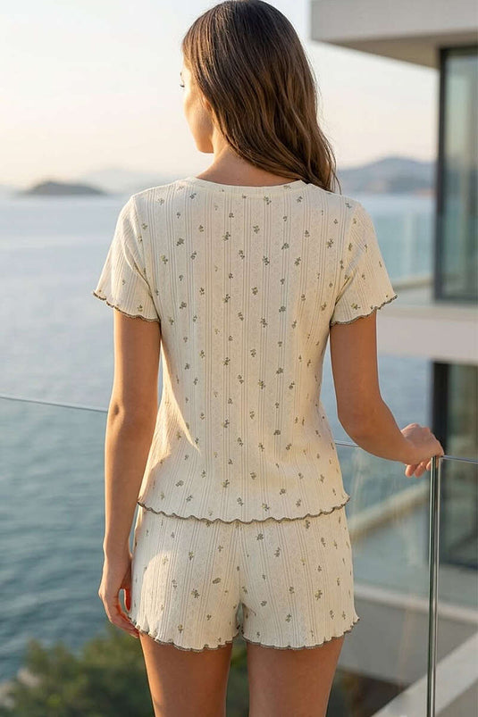 Bisiklet Yaka Mini Çiçekli Şortlu Pijama Takımı Ekru