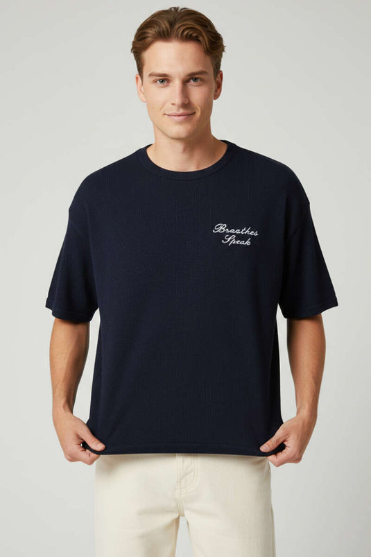 Bisiklet Yaka Nakışlı Örme T-shirt Lacivert