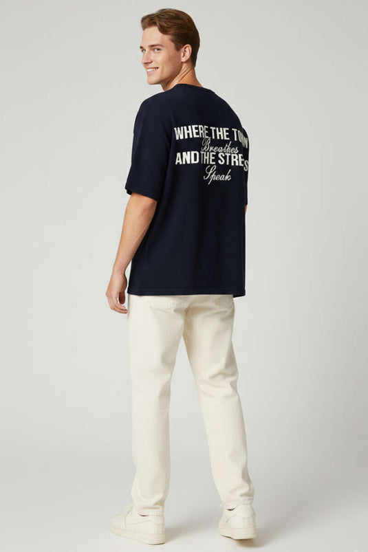 Bisiklet Yaka Nakışlı Örme T-shirt Lacivert