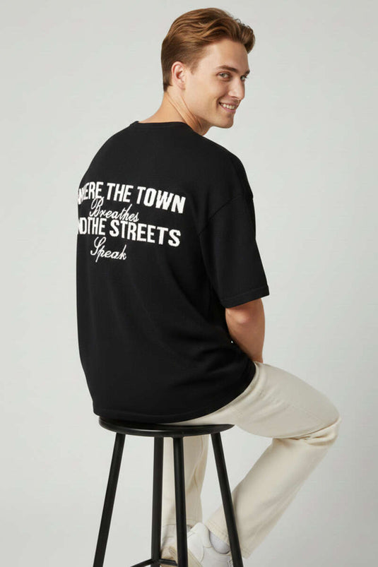 T-shirt en maille brodée à col rond noir