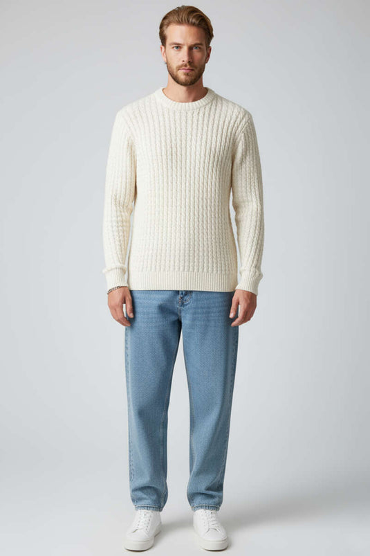 Crew Neck Knitted Sweater for Men, Ecru