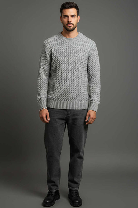 Crew Neck Knitted Sweater for Men, Grey