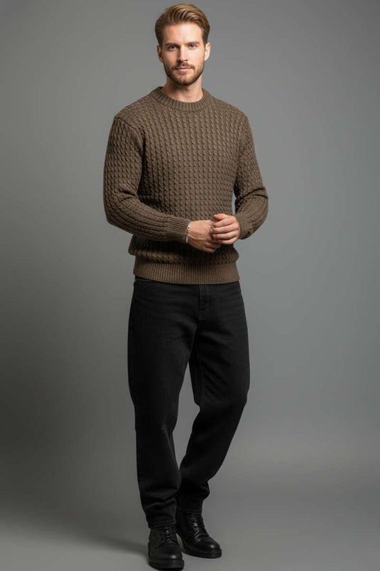 Crew Neck Knitted Sweater for Men, Brown