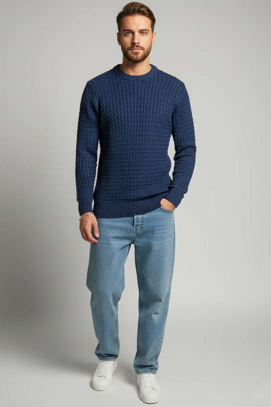 Men's Crew Neck Knitted Sweater, Navy Blue