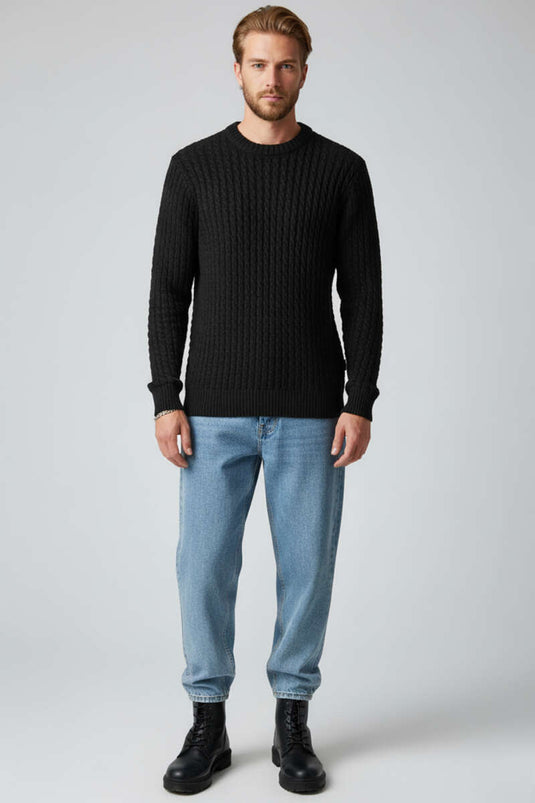 Crew Neck Knitted Sweater for Men, Black