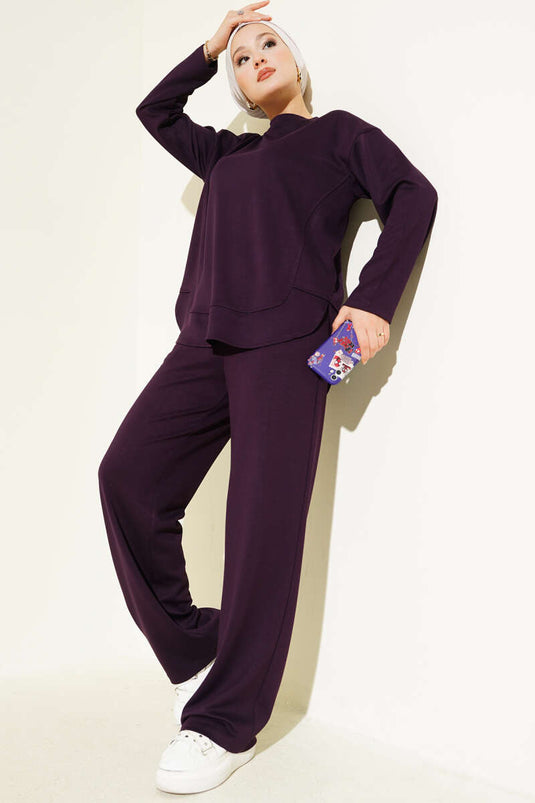 Crew Neck Oval Detailed Two Piece Suit Plum