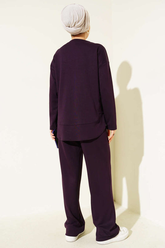 Crew Neck Oval Detailed Two Piece Suit Plum