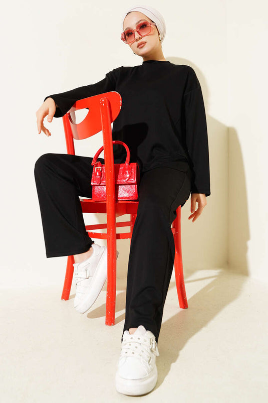 Crew Neck Oval Detailed Two Piece Suit Black