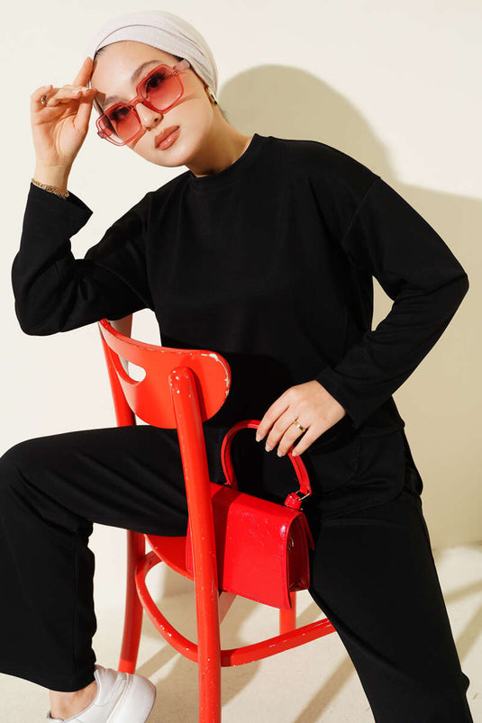 Crew Neck Oval Detailed Two Piece Suit Black