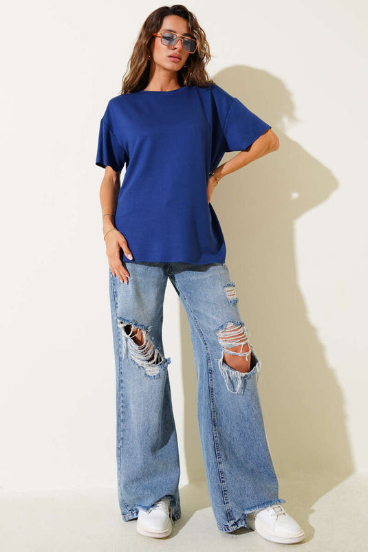 Bisiklet Yaka Oval Kesim T-shirt Indıgo