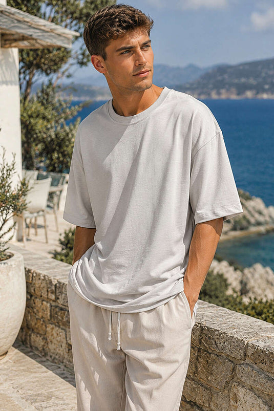 Bisiklet Yaka Oversize Erkek Basic T-shirt Gri