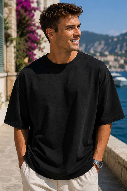 Bisiklet Yaka Oversize Erkek Basic T-shirt Siyah
