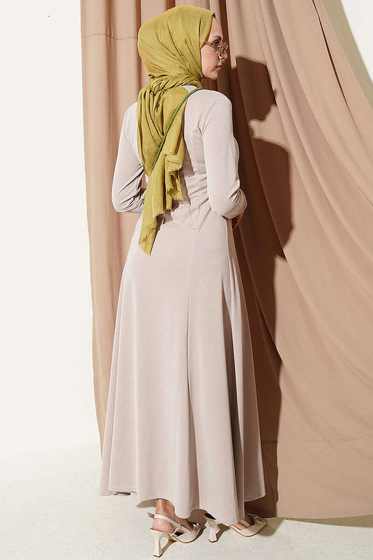 Beige Crew Neck Dress With Pleats