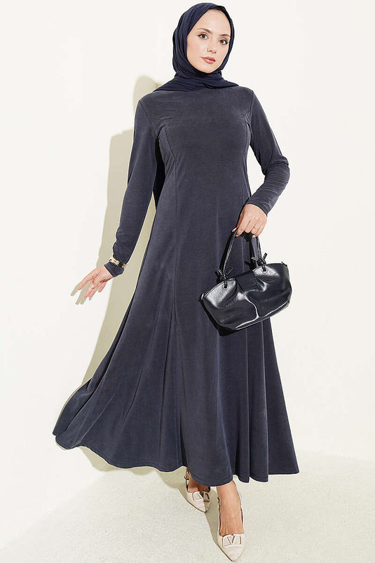 Indigo Crew Neck Dress With Pleats