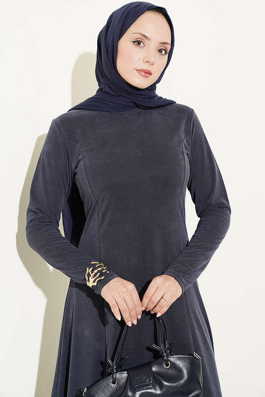 Indigo Crew Neck Dress With Pleats