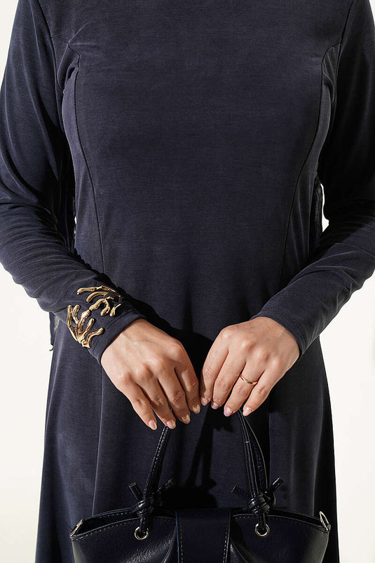 Indigo Crew Neck Dress With Pleats