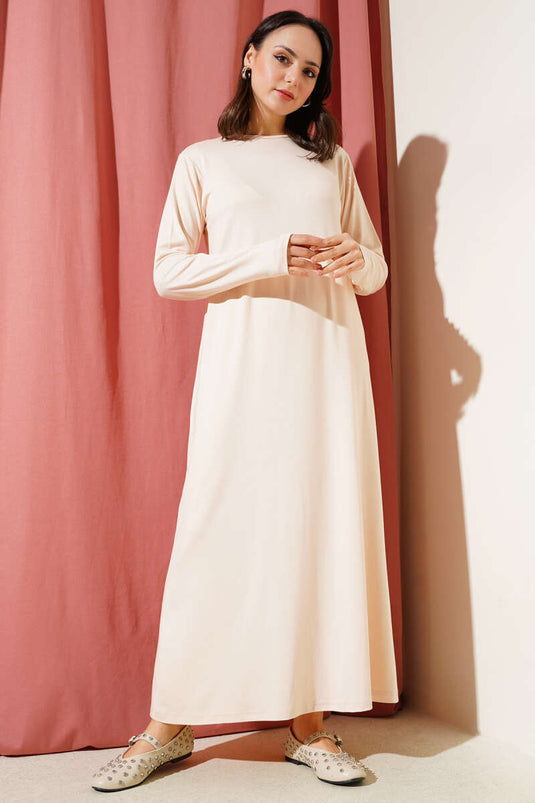 Bisiklet Yaka Penye Elbise Bej