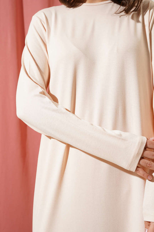 Bisiklet Yaka Penye Elbise Bej