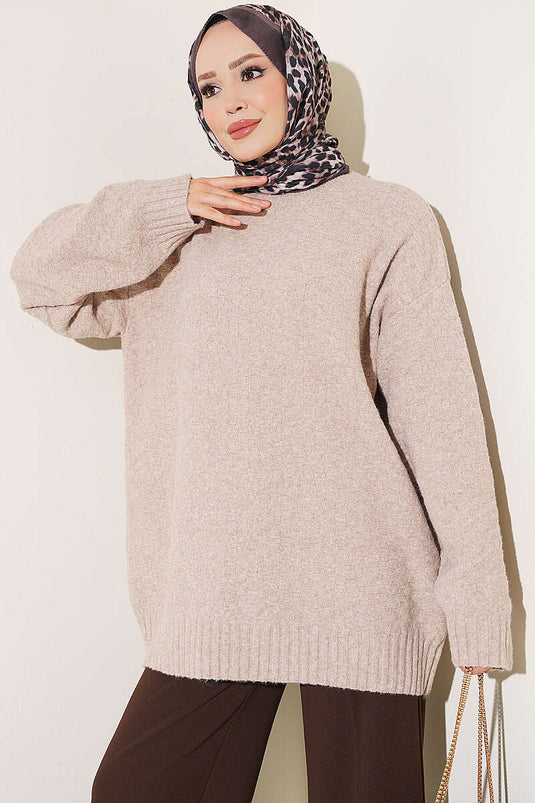 Tunique En Tricot Côtelé Beige À Col Rond