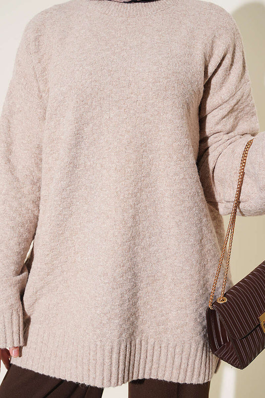 Tunique En Tricot Côtelé Beige À Col Rond
