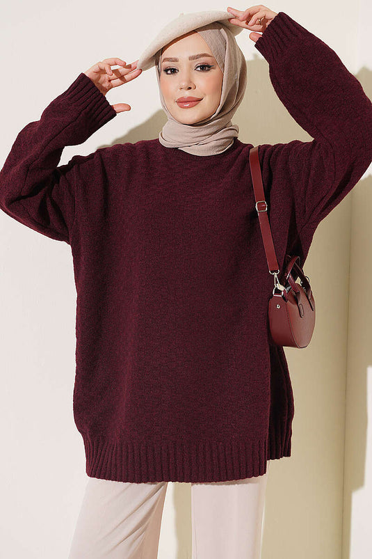 Bisiklet Yaka Ribanalı Triko Tunik Bordo