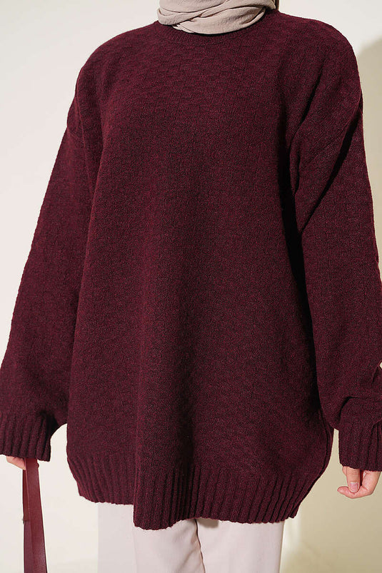 Bisiklet Yaka Ribanalı Triko Tunik Bordo