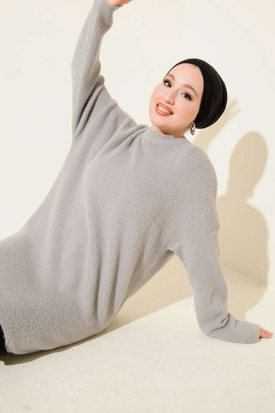 Bisiklet Yaka Sakal Detaylı Kazak Gri