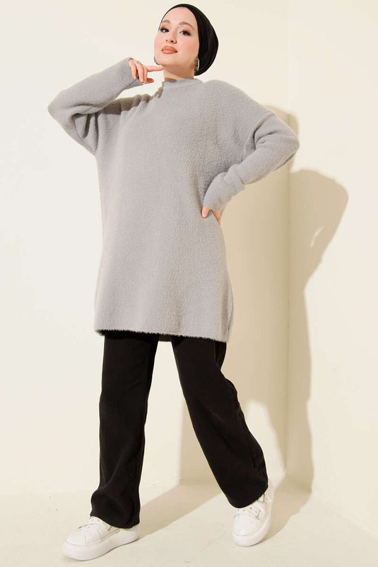 Bisiklet Yaka Sakal Detaylı Kazak Gri