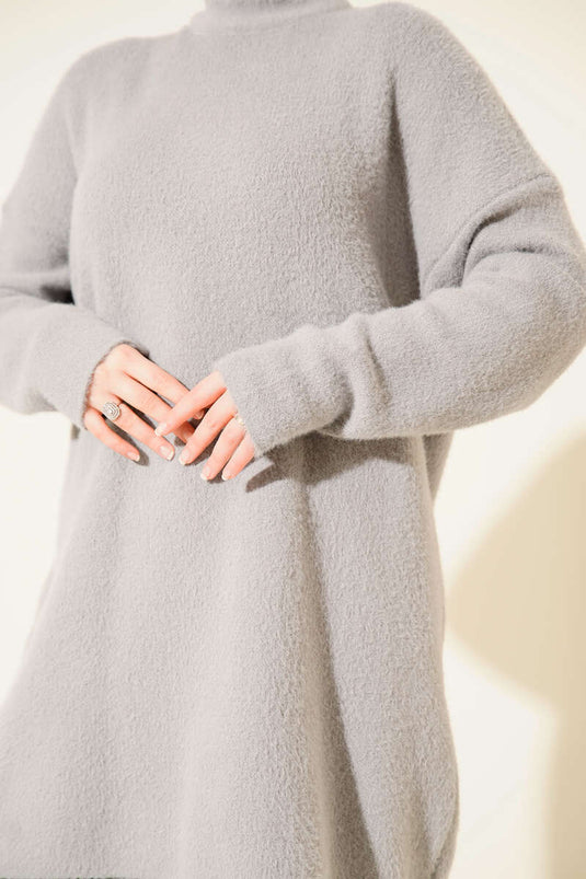 Bisiklet Yaka Sakal Detaylı Kazak Gri