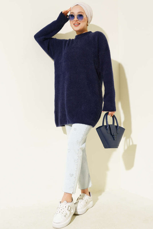 Navy Blue Crew Neck Sweater With Beard Detail
