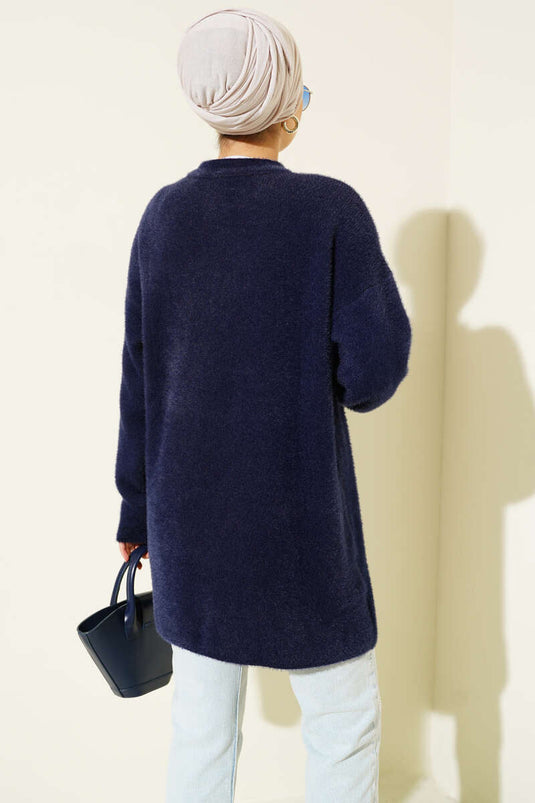 Navy Blue Crew Neck Sweater With Beard Detail