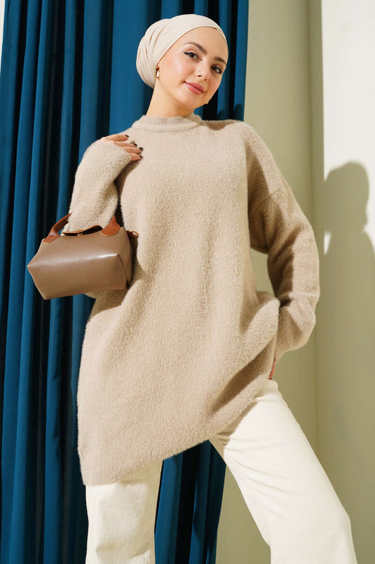 Bisiklet Yaka Sakal Detaylı Kazak Latte