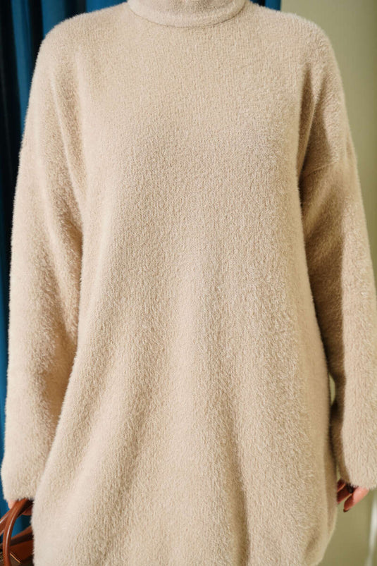 Bisiklet Yaka Sakal Detaylı Kazak Latte