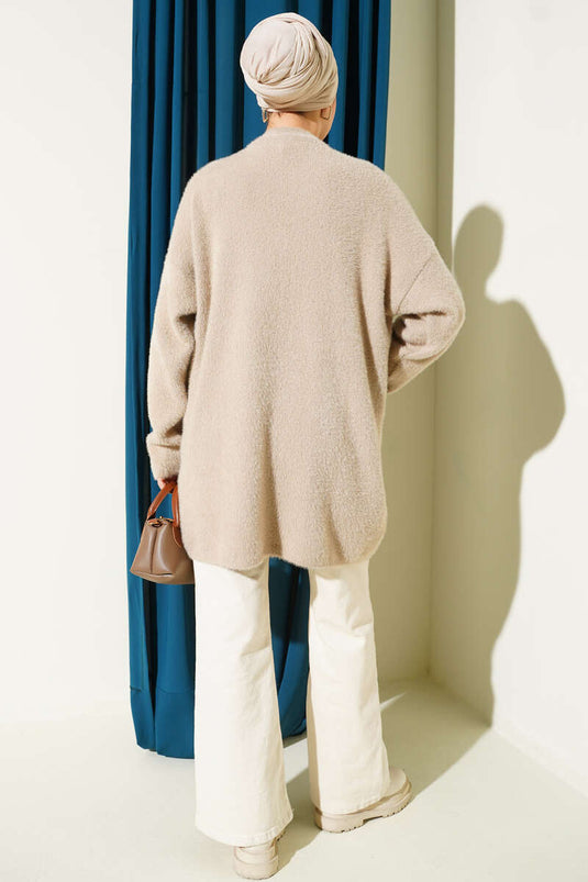 Bisiklet Yaka Sakal Detaylı Kazak Latte