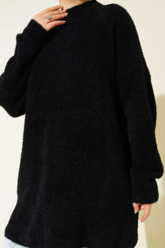 Crew Neck Sweater with Beard Detail, Black