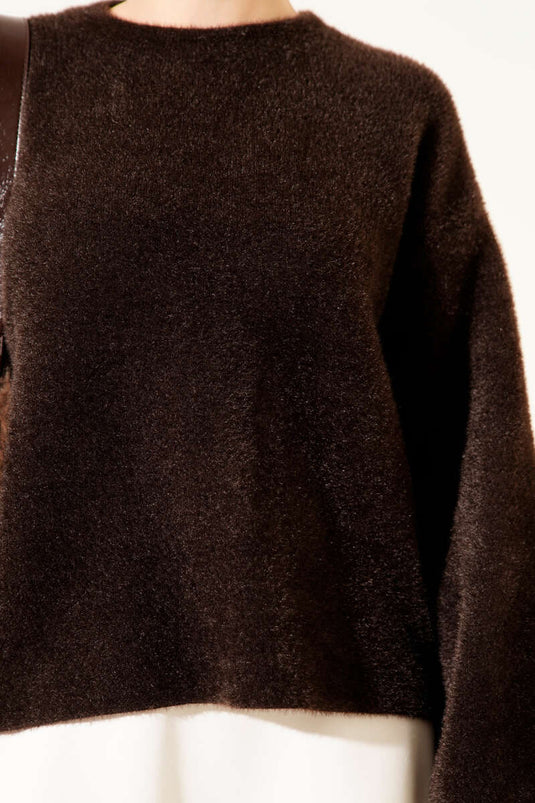 Crew Neck Loose Fit Sweater with Beard Pattern, Brown