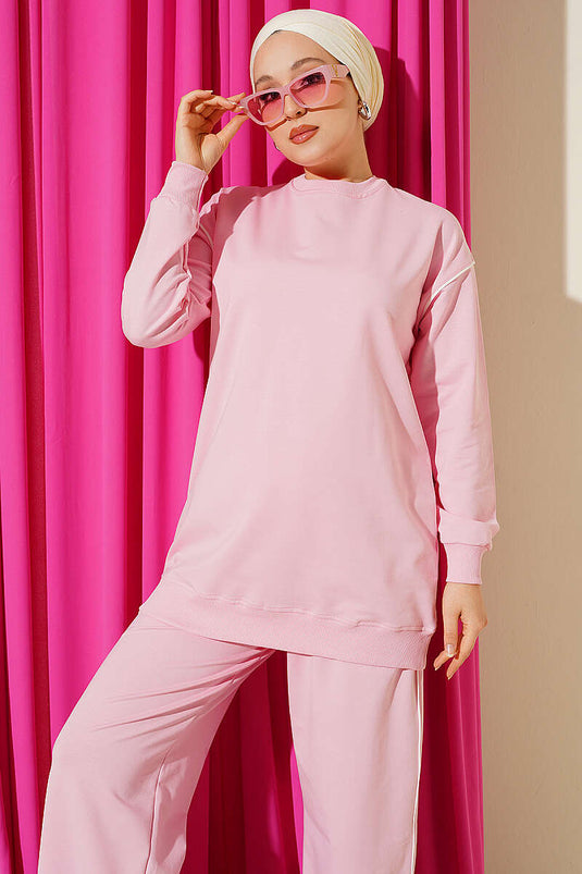Bisiklet Yaka Şeritli İkili Takım Pembe
