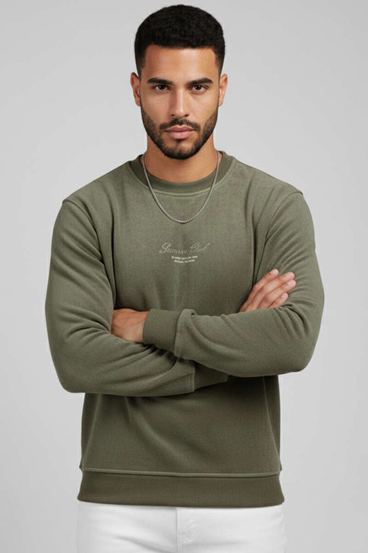 Crew Neck Suede Men's Sweatshirt Khaki