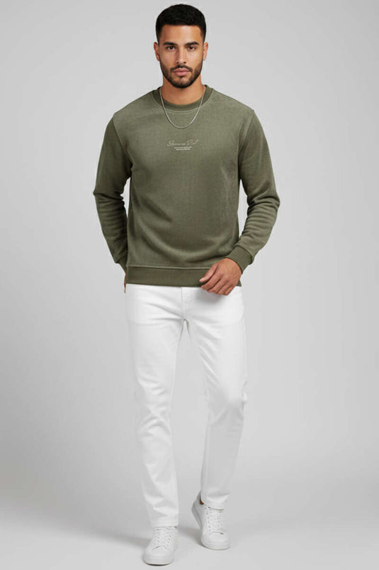 سويت شيرت رجالي من الجلد المدبوغ برقبة دائرية، لون كاكي