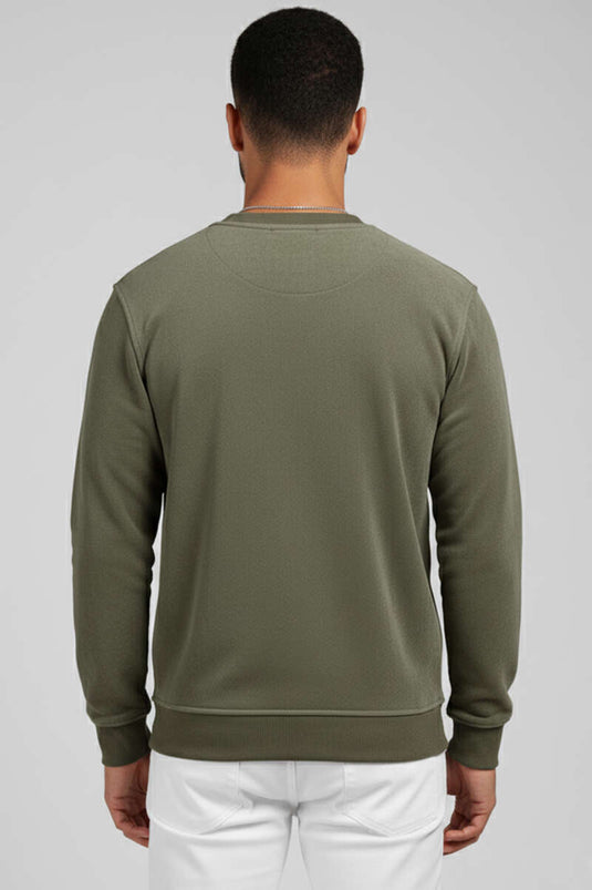 سويت شيرت رجالي من الجلد المدبوغ برقبة دائرية، لون كاكي