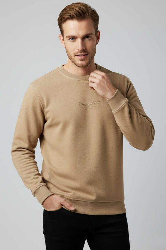 سويت شيرت رجالي من الجلد المدبوغ برقبة دائرية، لون لاتيه