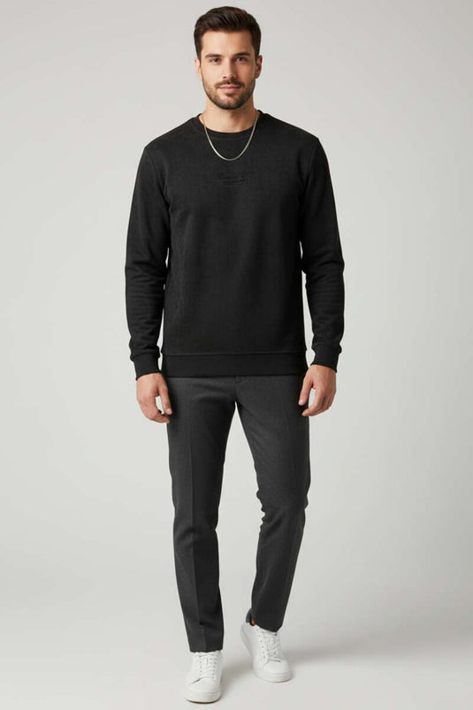 سويت شيرت رجالي أسود من الجلد المدبوغ برقبة دائرية