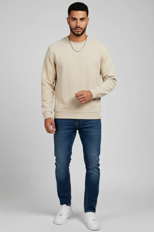 Herren-Sweatshirt aus Wildleder mit Rundhalsausschnitt in Steinfarbe