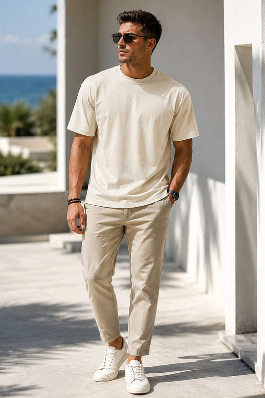T-shirt homme en supré col rond beige