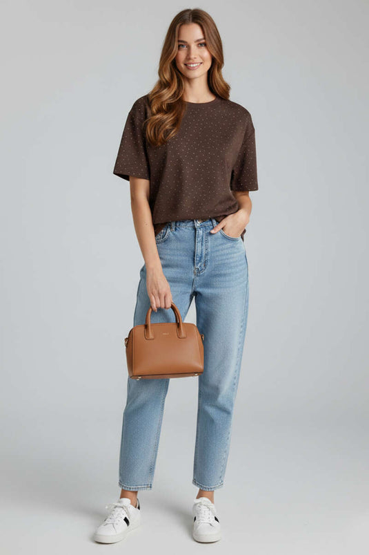 Round Neck T-shirt with Stones Brown