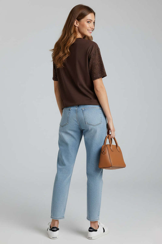 Round Neck T-shirt with Stones Brown
