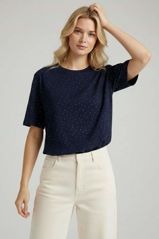 Navy Blue Round Neck T-shirt with Stones